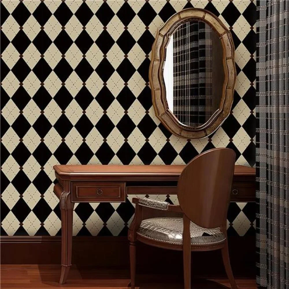 Retro Peel and Stick Wallpaper Black and White Wallpaper Vintage Plaid